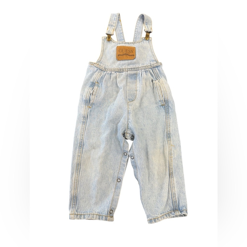 Vintage Guess Leather Patch Clip Overalls 24 Months‎ Medium Wash